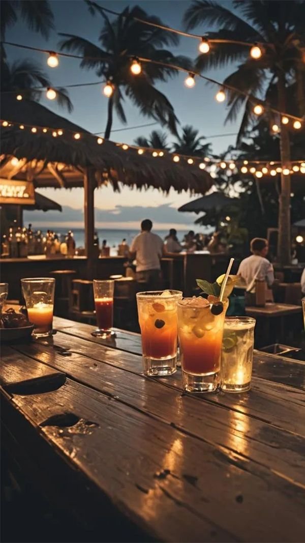 verres sur un bar en bord de plage 